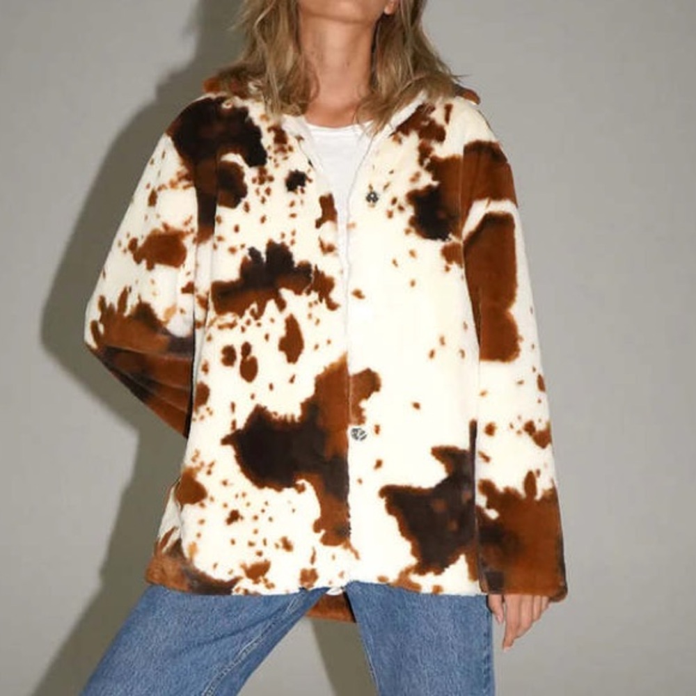 NWT LNA Cowgirl Faux Fur Jacket Brown White Cow Print Coat Size S Cozy Wester - Picture 1 of 10
